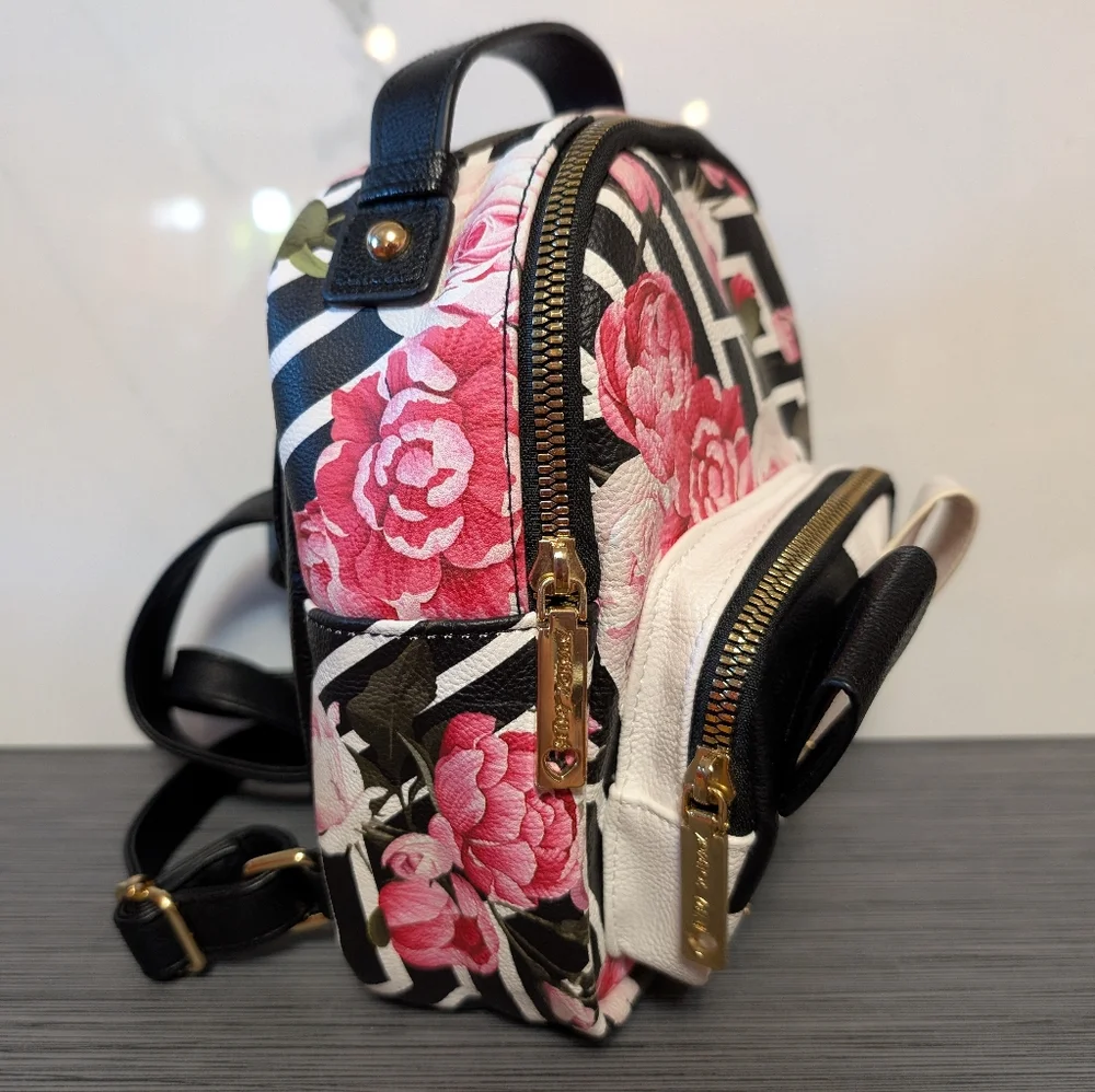 Betsey Johnson Mini Puppy Backpack Floral Rose Print Dog Face Faux Leather Purse